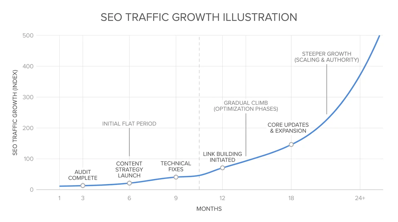 Graphique repr&eacute;sentant l'&eacute;volution typique du trafic SEO dans le temps