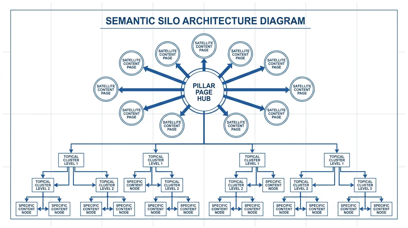 Sch&eacute;ma d'architecture en cocon s&eacute;mantique avec pages piliers et satellites