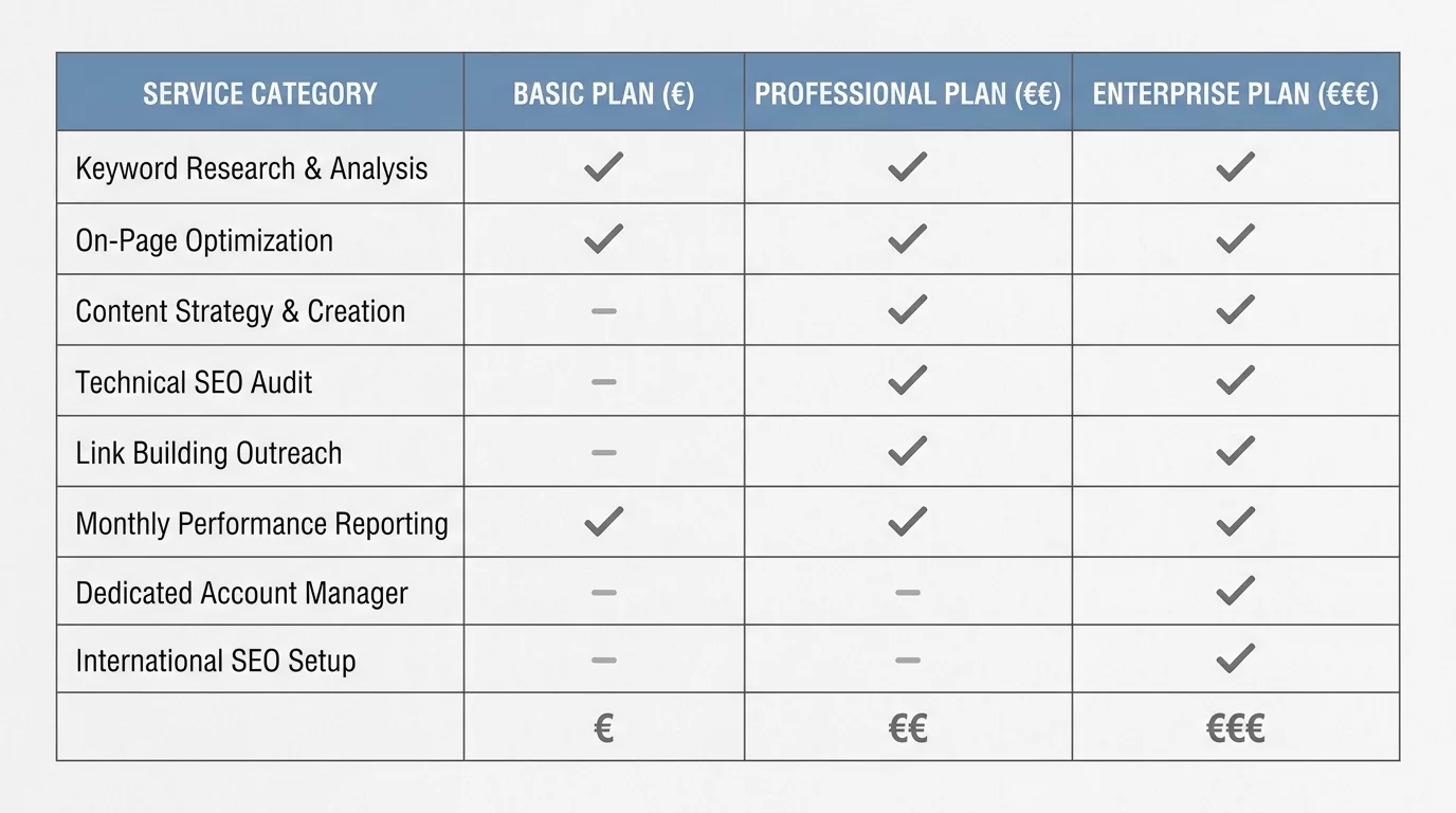 Tableau comparatif des diff&eacute;rentes formules tarifaires SEO